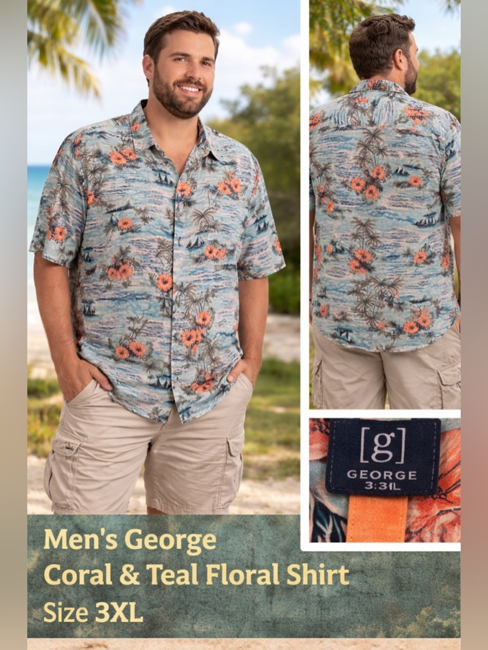 George Coral and Teal Floral Shirt 3XL